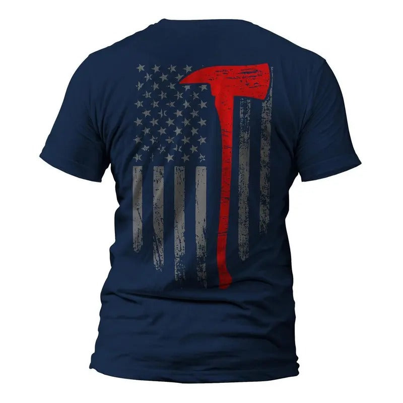 Firefighter Thin Red Line Flag With Axe 2.0 Back Print Men's T-Shirt Hoodie, Sweatshirt | GrindPrints.com