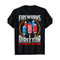 Fireworks Director Graphic T-Shirt, Cotton, Casual Crew Neck Tee, Regular Fit, with Geometric Applique, for Men and...