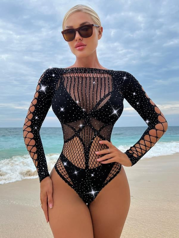Fishnet Rhinestone Bodysuit Top Cut Out Mesh Teddy Bodysuit T-Shirts, Hoodie, Sweatshirt | GrindPrints.com