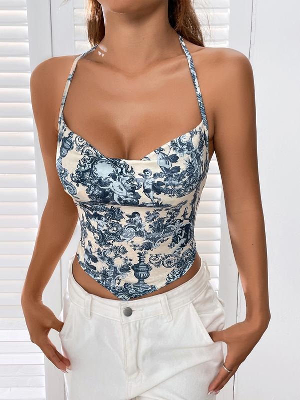 Floral Angle Print Bandana Y2K Crop Tops Cowl Neck Sleeveless Halter Cami Tops T-Shirts, Hoodie, Sweatshirt | GrindPrints.com