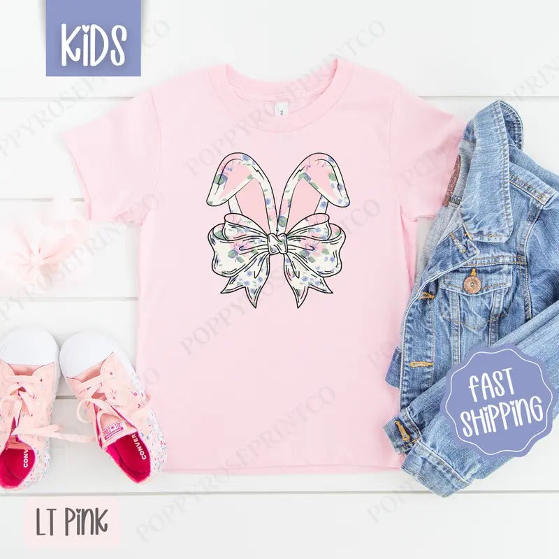Floral Bunny Bow Kids Shirt - Easter Children's Tshirt - Cute Youth Tee Gildan Hoodie, Sweatshirt | GrindPrints.com