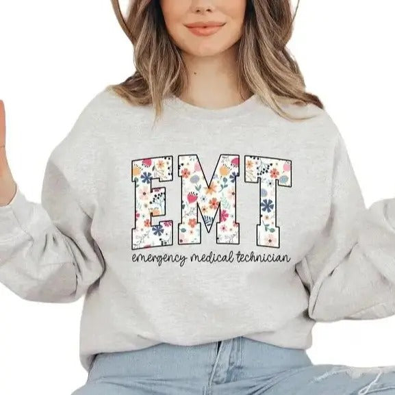 Floral EMT Nurse Sweatshirt, Floral EMT Nurse Shirt, Emergency Medical Technician Crewneck Shirt, Paramedic Casual...