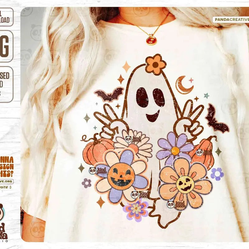 Floral Ghost Png Funny Halloween Sublimation Groovy Flowers Cute Ghost Smile Face Pumpkin Fall Png Retro Halloween Shirt...