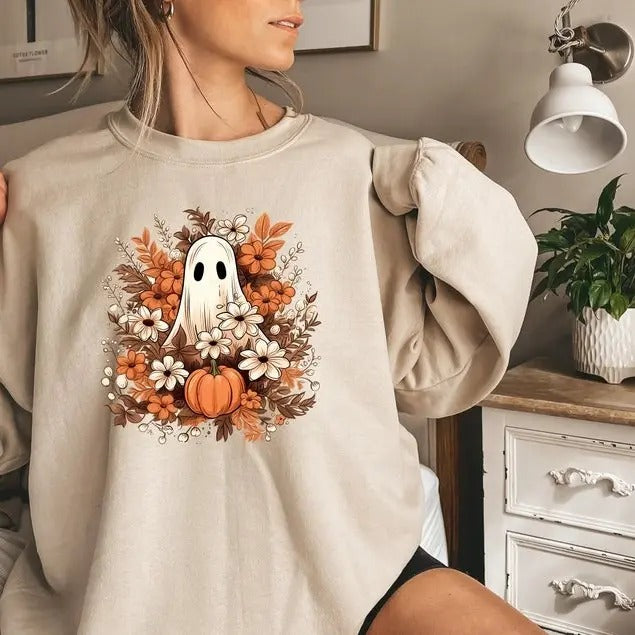Floral Ghost Shirt, Halloween Ghost Sweatshirt, Flower Halloween Shirt, Vintage Sweatshirt, Fall Sweater Hoodie