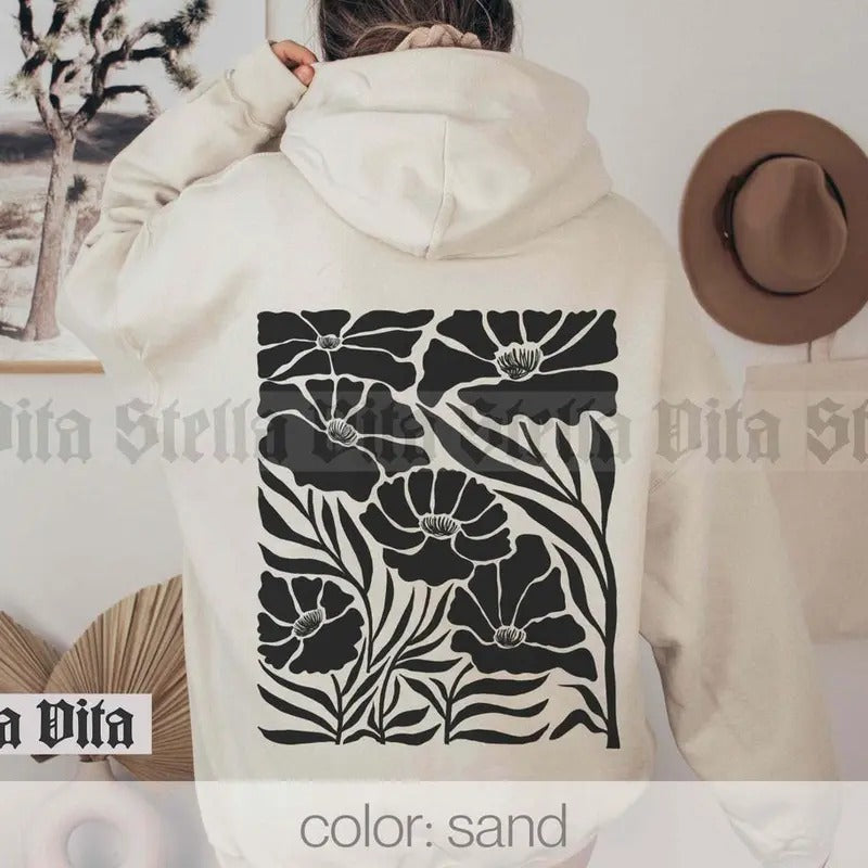 Floral Graphic Back Print Hoodie, Flower Sweatshirt, Matisse Wildflower Hoodie, Back and Front Print, Nature Lover Gift,...
