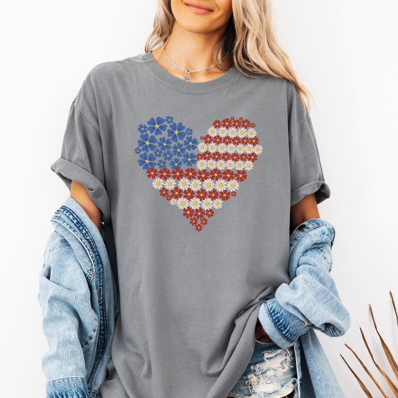 Floral Heart, Patriotic, Red White Blue, USA, America, 4th of July Tshirt, Women's Comfort Colors Tee Hoodie, Sweatshirt