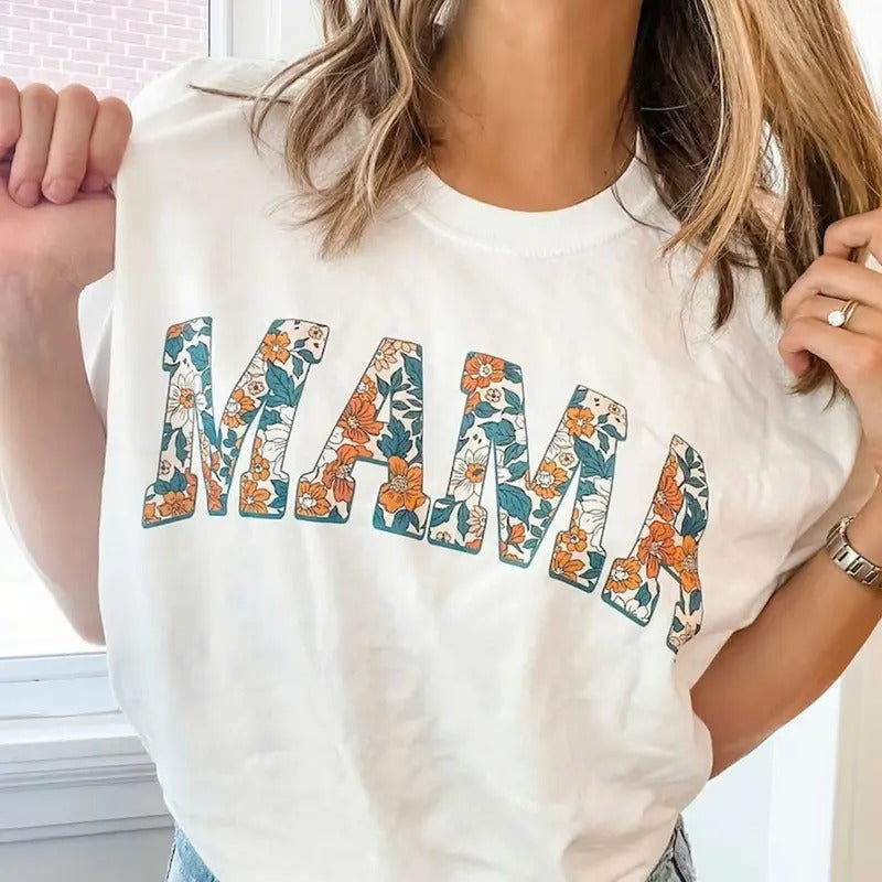 Floral MAMA Graphic Art T-Shirt, Summer MAMA Crewneck Tee, Gift for Mom Cotton Fabric Fit Hoodie, Sweatshirt