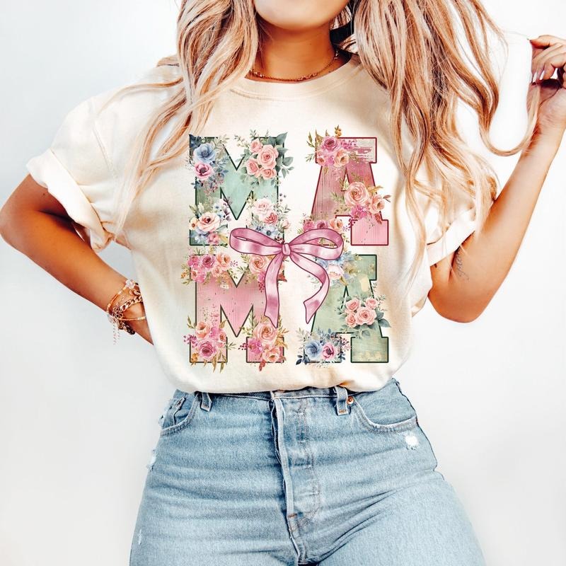 Floral Mama Coquette T-Shirt, Mama Flowers T-Shirt, Mothers Day T-Shirt, Retro Mama T-Shirt, Preppy Mama T-Shirt, Varsity...