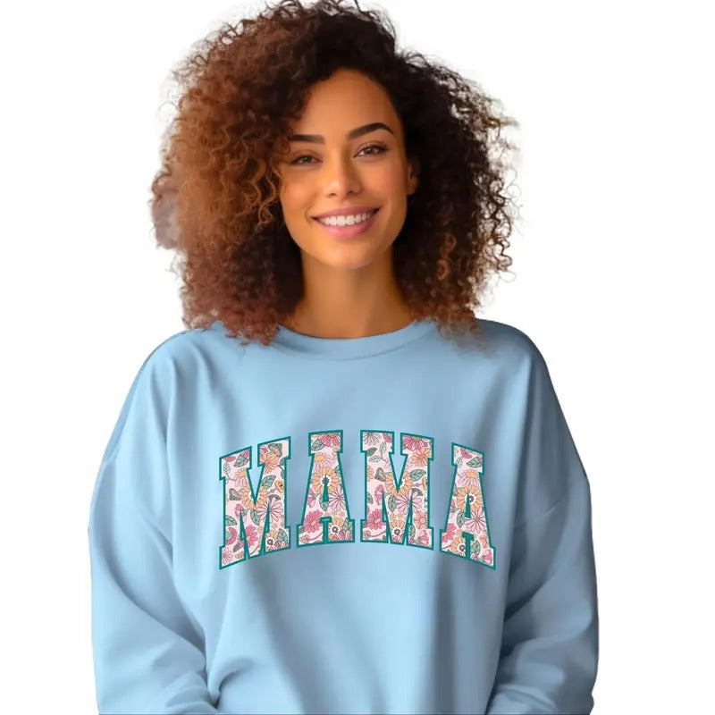 Floral Mama Teal Print Crewneck Sweatshirt T-Shirts, Hoodie | GrindPrints.com