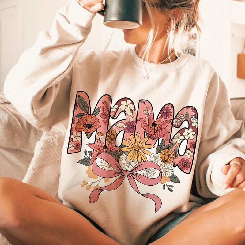Floral Mama Vinatge Sweater, Retro Coquette Mama Bow Tee, Mama Groovy Shirt, Mothers Day Gift, Gift for Mom Hoodie,...