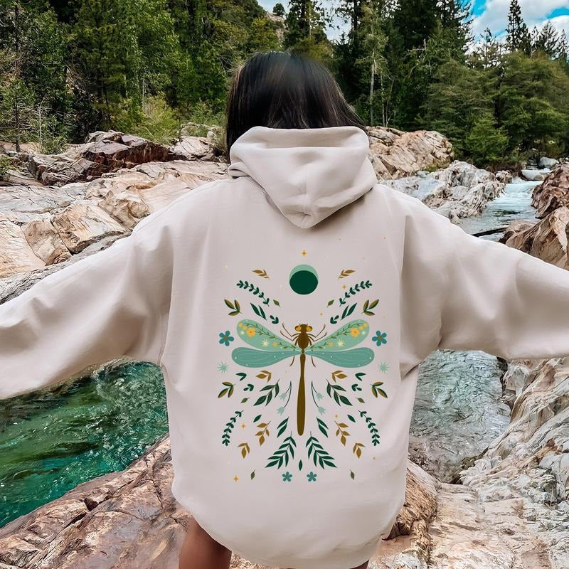 Floral Night Sky, Dragonfly, Moon, and Blooms Hoodie T-Shirts, Sweatshirt | GrindPrints.com