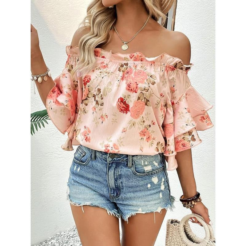 Floral Print Blouse Off Shoulder Ruffle Trim Half Sleeve Summer TopsY2K T-Shirts, Hoodie, Sweatshirt | GrindPrints.com