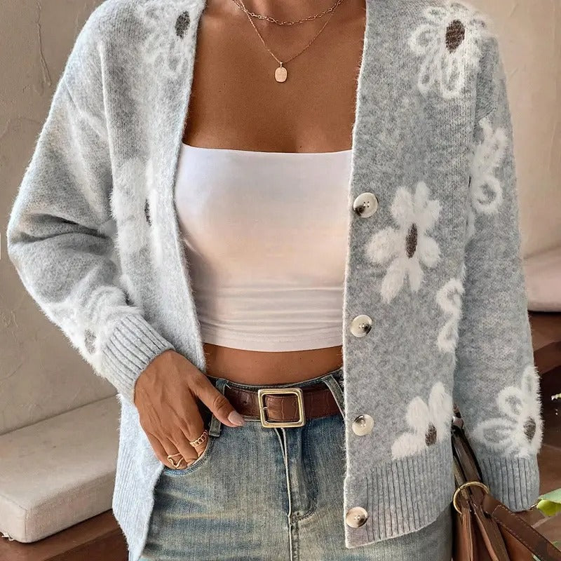 Floral Print Button Down Cardigan V Neck Drop Shoulder Knit Outerwear T-Shirts, Hoodie, Sweatshirt | GrindPrints.com