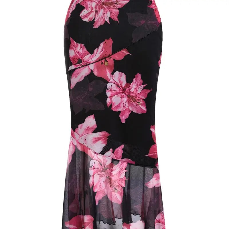 Floral Print High Waist Bodycon Ruffle Hem Fishtail Long Skirt T-Shirts, Hoodie, Sweatshirt | GrindPrints.com