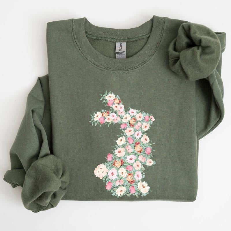 Floral Print Rabbit, Bunny, Easter Sweatshirt, Women's Crew Neck, Crewneck T-Shirts, Hoodie | GrindPrints.com
