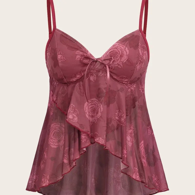 Floral Print Spaghetti Strap Asymmetrical Ruffle Hem Cami Flower Top T-Shirts, Hoodie, Sweatshirt | GrindPrints.com