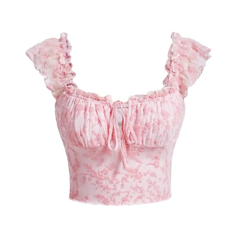 Floral Ruched Bust Sweetheart Neck Tie Front Crop Tee Cap Sleeve Bodycon Summer Going Out Top Tubetops Hoodie, Sweatshirt