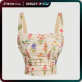 Floral Sleeveless Cami Top Ruched Fitted Summer Tank Crop Tops Backless Womenswear Summer Tops T-Shirts, Hoodie, Sweatshirt