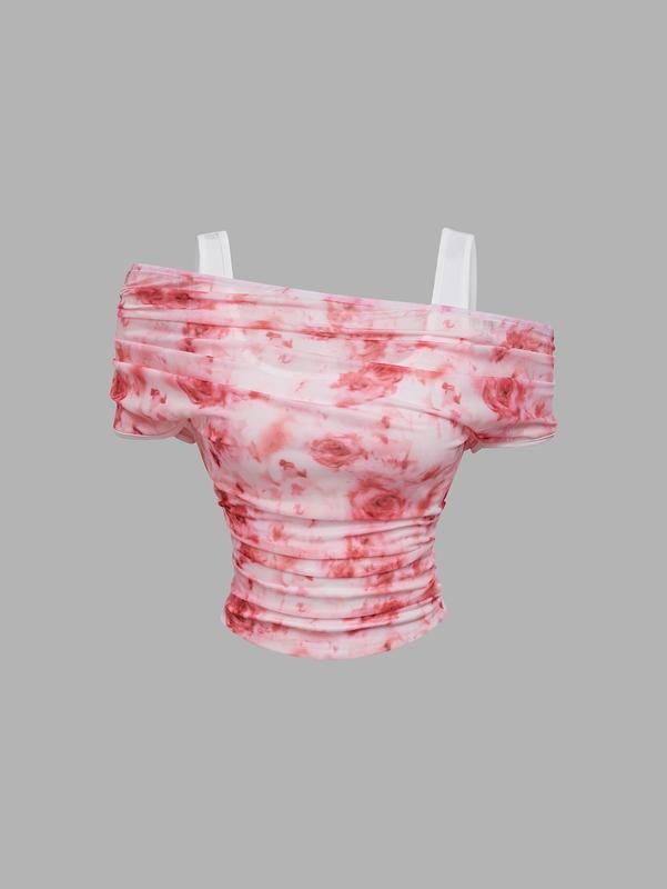 Floral Tie Dye Tee Cold Shoulder Ruched Short Sleeve Crop Tops Casual Fabric 2000s Cute Clothes Hoodie, Sweatshirt