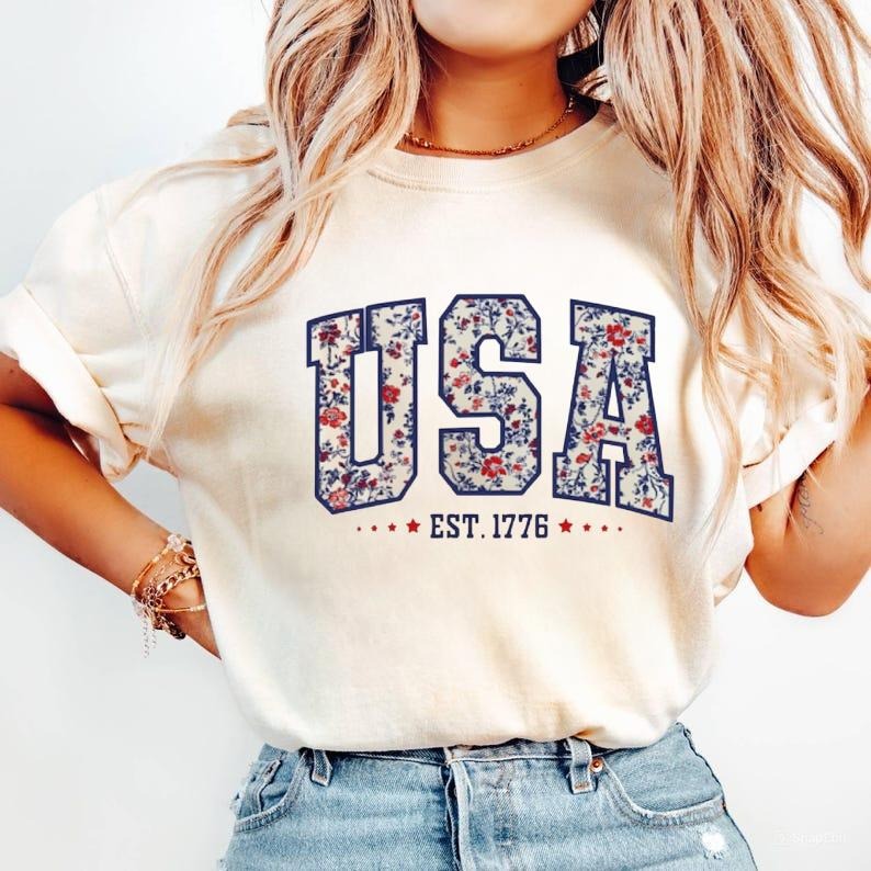 Floral USA Shirt, American Girl Sweatshirt, USA Est 1776 Shirts, Girly 4th of July Tee, Patriotic Women, Independence...