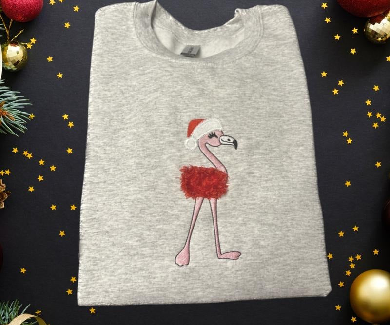 Fluffy Christmas Flamingo Embroidered Crewneck Sweatshirt T-Shirts, Hoodie | GrindPrints.com