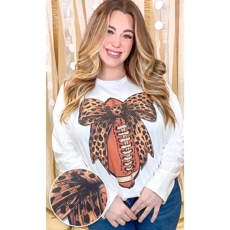 Football Cheetah Bow Rhinestone Graphic Long Sleeve Shirt Hoodie, Sweatshirt | GrindPrints.com