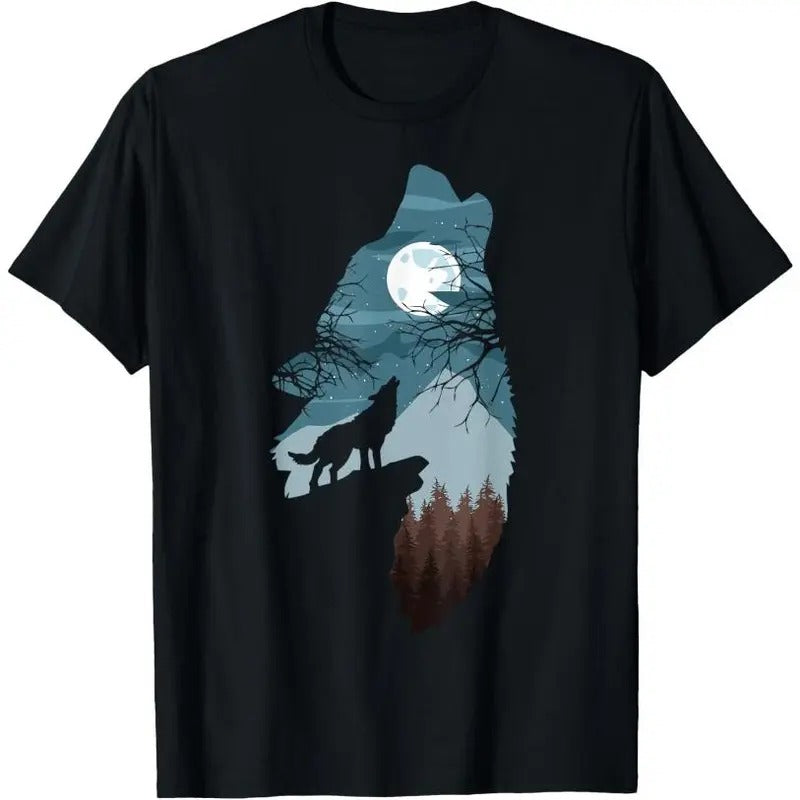 Forest with Full-Moon and Cliff Of Silhouette Howling Wolf T-Shirt Hoodie, Sweatshirt | GrindPrints.com