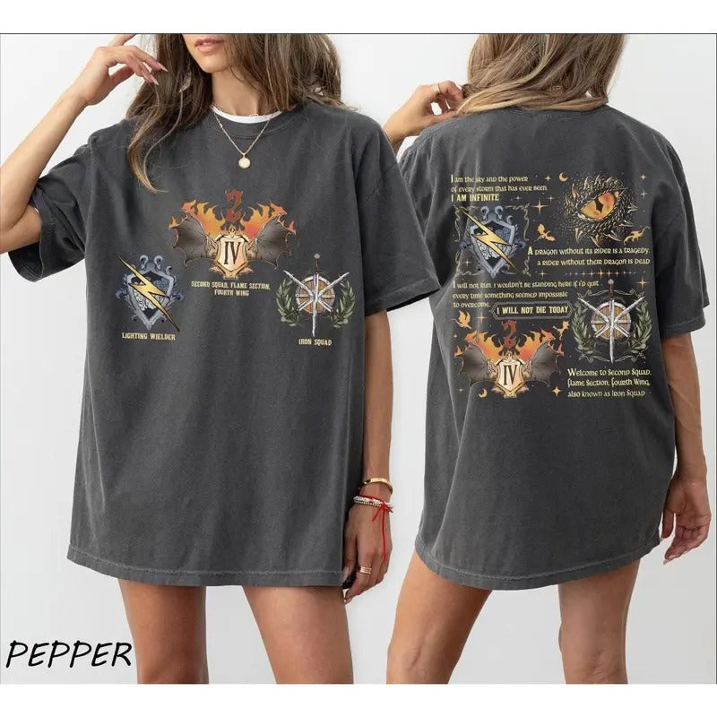 Fourth Wing Iron Squad Two Sided Shirt, Onyx Storm Brave The Dark Shirt, Fourth Wing Badges Bookish Hoodie, Dragon Riders...
