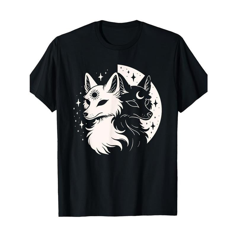 Foxes Night Moon Day Sun Stars Spirit Celestial Moon Alt 100% Cotton Crew Neck Short Sleeve Knit Fabric Medium Stretch Geometric Patterned Daily & Casual Made USA T-Shirts, Hoodie, Sweatshirt