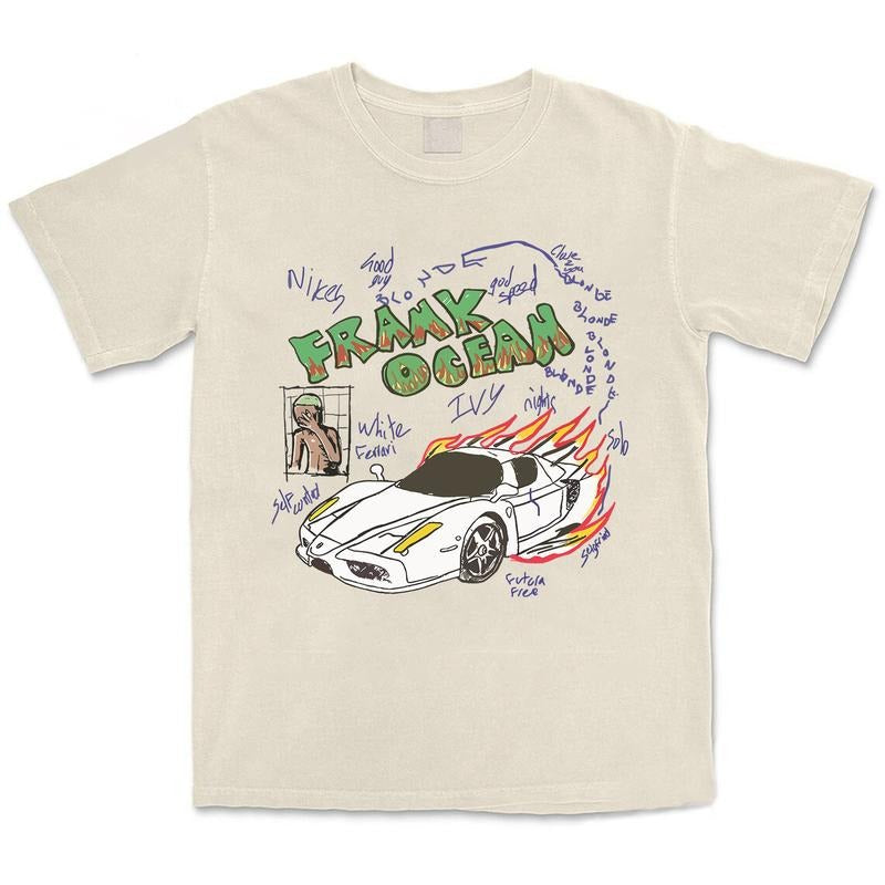 Frank Ocean Shirt White Ferrarii Blond Album Rapper Vintage Graphic Tee Concert Merch Shirt for Men Women Fabric Menswear...