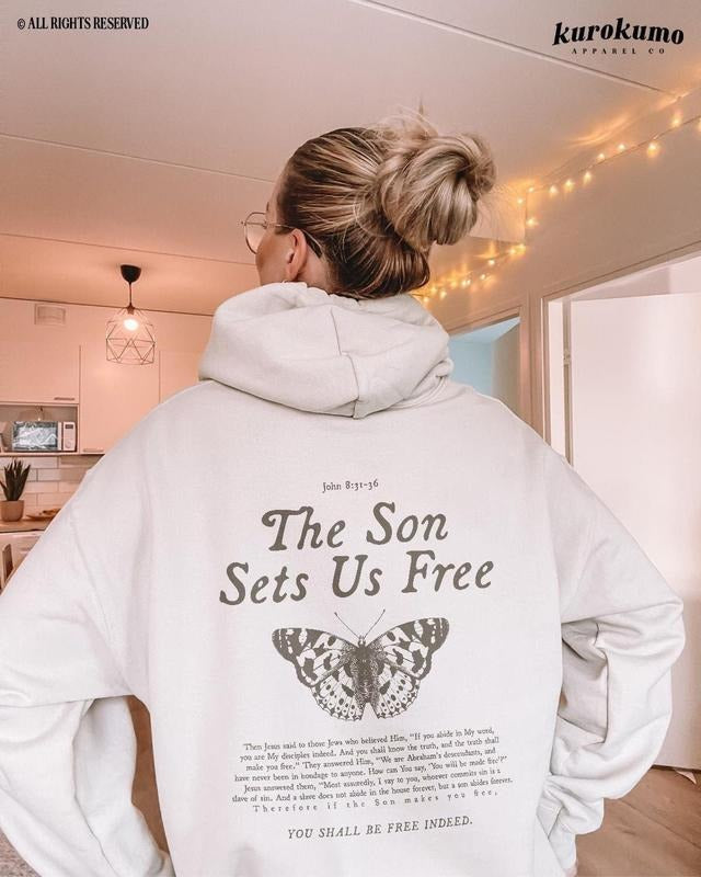 Free Indeed Bible Verse Hoodie Christian Butterfly Sweatshirt Cotton Menswear T-Shirts | GrindPrints.com