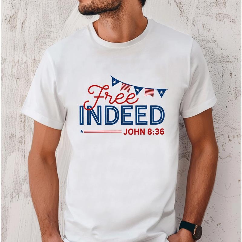 Free Indeed Independence Day Christian 4th of July Tee Casual Style Crew Neck Short Sleeve T-Shirt Tops Trendy for...