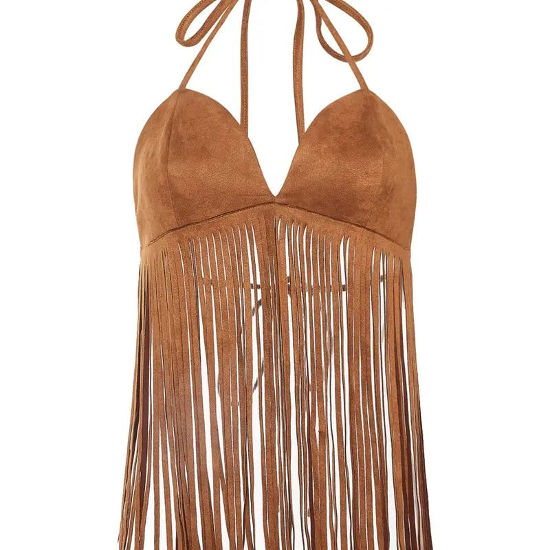 Fringe Tied Backless Deep V Neck Suede Halter TopY2K T-Shirts, Hoodie, Sweatshirt | GrindPrints.com