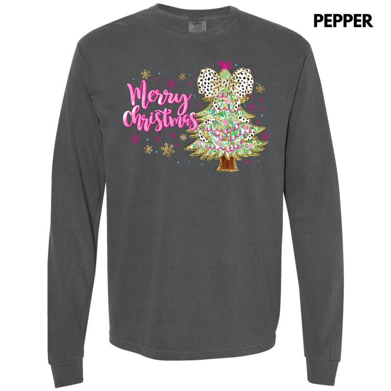 Fun Pink Merry Christmas Tree Long Sleeve Comfort Colors T-Shirt 'NLB' Hoodie, Sweatshirt | GrindPrints.com