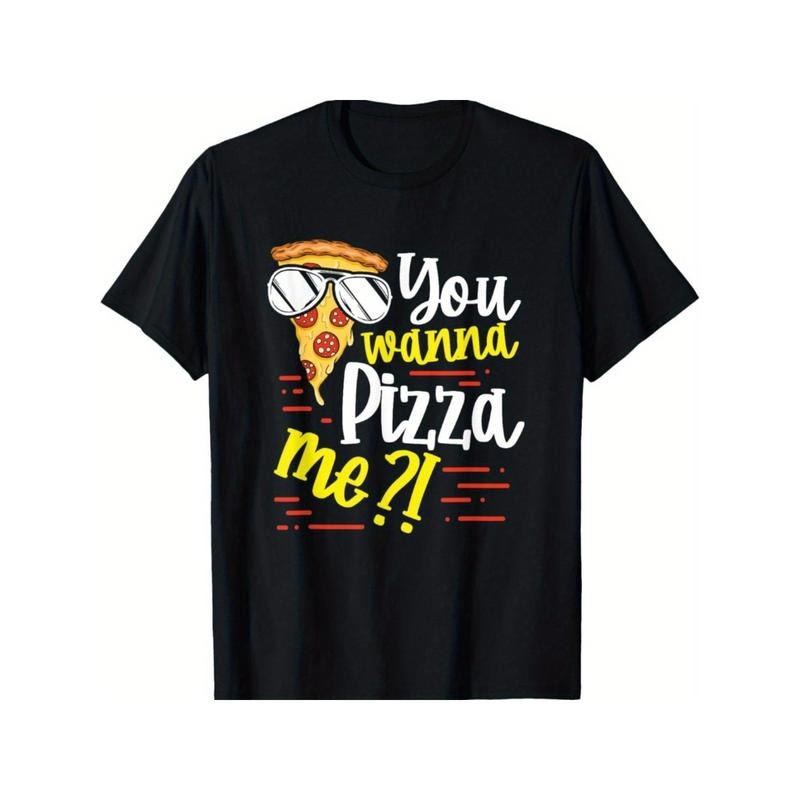 Funny 'You Wanna Pizza Me' Food Pun T-Shirt for Men, Soft Cotton Crew Neck, Casual Style, Slight Stretch, Geometric...