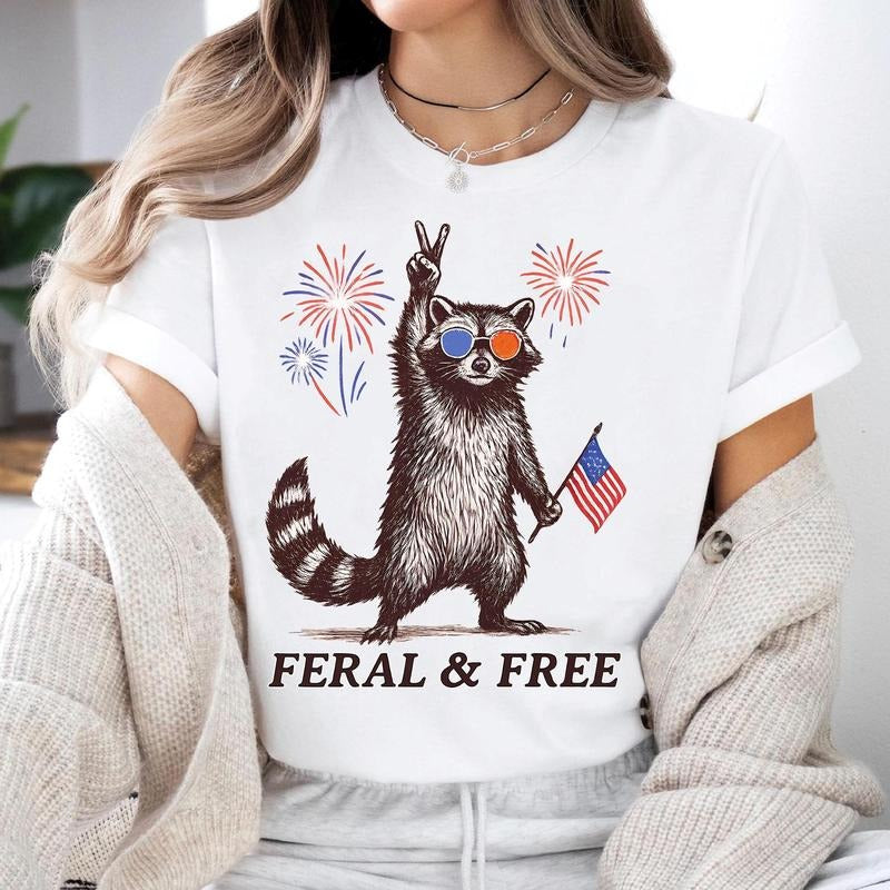 Funny 4th of July Shirt Shirt, Feral & Free Raccoon Shirt, American Feral Girl Summer Meme Sweatshirt,Patriotic...