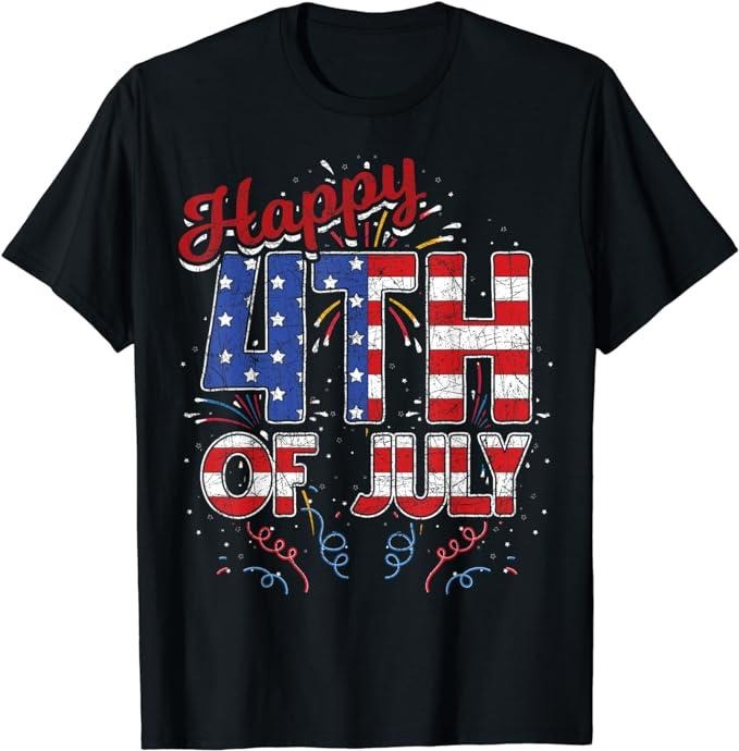 Funny 4th July Shirts Fireworks Happy 4th July US Flag American 4th July Menswear Top Casual Cotton Basic T-Shirts, Hoodie, Sweatshirt