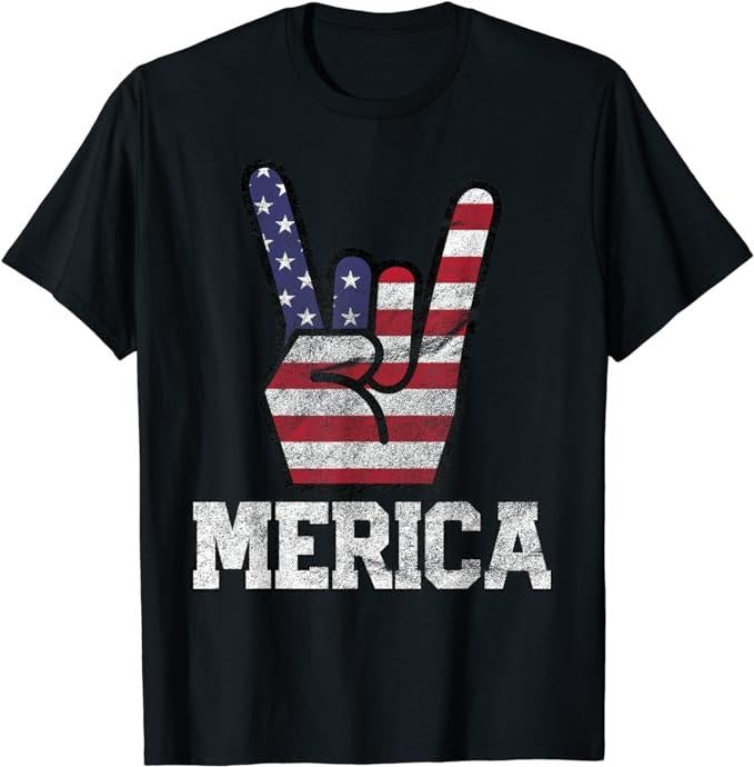Funny 4th July Shirts Merica Rock Sign 4th July Vintage American Flag Retro USA Menswear Top Casual Cotton T-Shirts, Hoodie, Sweatshirt