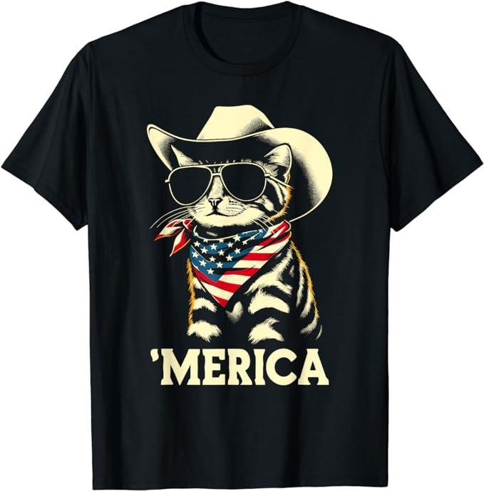 Funny 4th July Shirts USA 'Merica Cat 4th July Funny Patriotic Menswear Top Casual Cotton Basicstyle{N002}2 T-Shirts, Hoodie, Sweatshirt