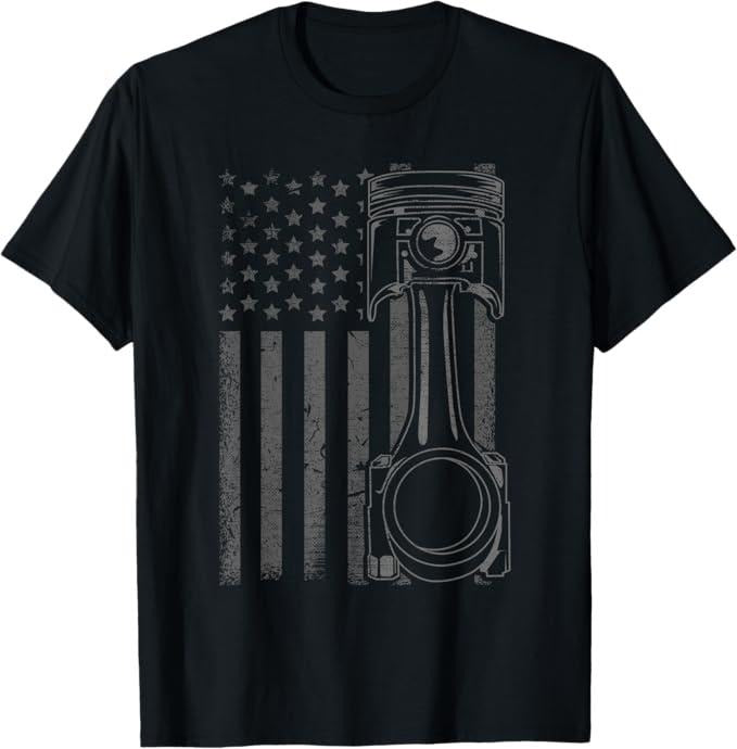 Funny Auto Mechanic Shirt, Vintage American Flag Piston Funny Muscle Car Mechanic Gift T-Shirt