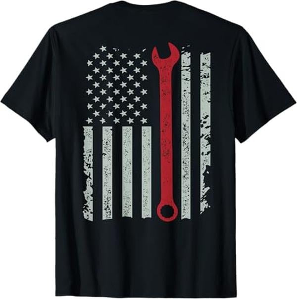 Funny Auto Mechanic T-Shirt, American Flag Mechanic Wrench Shirt