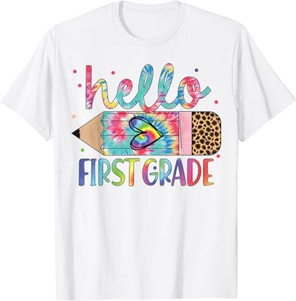Funny Back School Shirts Hello 1st Grade Leopard Pencil Tie Dye Funny Back School Cotton Casual Classic T-Shirts, Hoodie, Sweatshirt