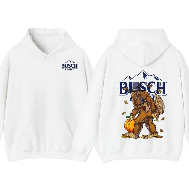 Funny Bigfoot Thanksgiving Busch Light Turkey Pumpkin turkey day T-Shirt, Turkey Hoodie Sweatshirt | GrindPrints.com