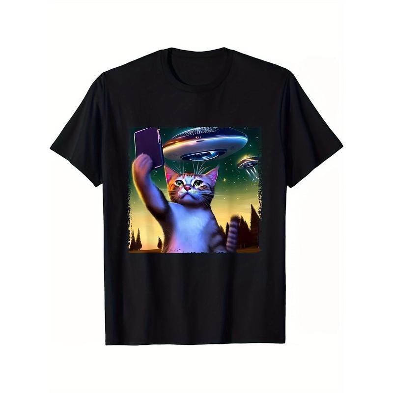 Funny Cat Selfie With UFO Printed Men's Cotton T-shirt made in usa Hoodie, Sweatshirt | GrindPrints.com