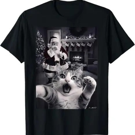 Funny Cat Shirts, Funny Cat Selfie With Santa Christmas T-Shirt - Menswear Top Hoodie, Sweatshirt | GrindPrints.com