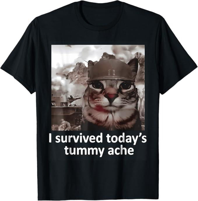 Funny Cat Shirts, I Survived Today's Tummy Ache Groovy Funny Cat T-Shirt - Menswear Top Hoodie, Sweatshirt | GrindPrints.com