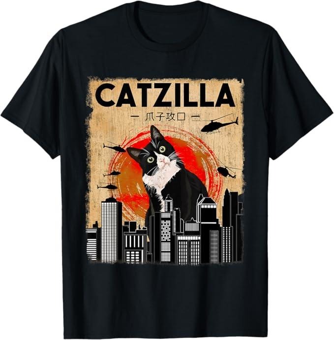 Funny Cat Shirts, Vintage Catzilla - Funny Tuxedo Cat And Kitten T-Shirt - Menswear Top Hoodie, Sweatshirt | GrindPrints.com