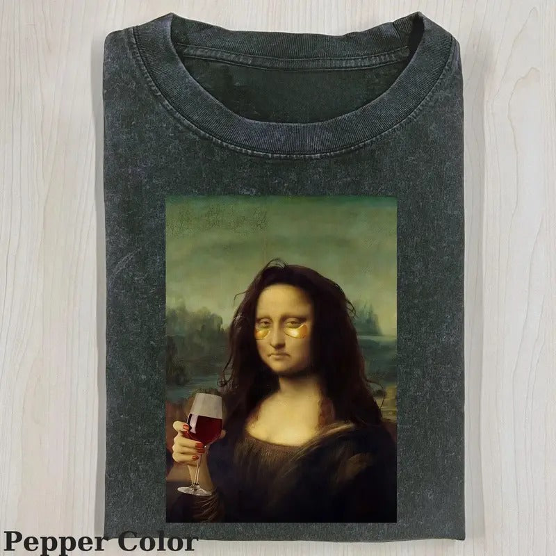 Funny Character Vintage Graphic Tee, Mona Lisa Drink Wine T-Shirt, Unisex Meme Cringe Funny Shirt, Menswear Womenswear...