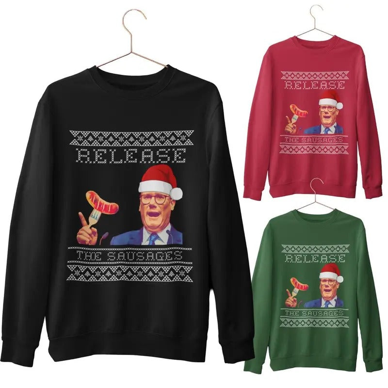 Funny Christmas Jumper 2024 - Keir Starmer Release the Sausages Sweatshirt - Alternative T-Shirts, Hoodie | GrindPrints.com