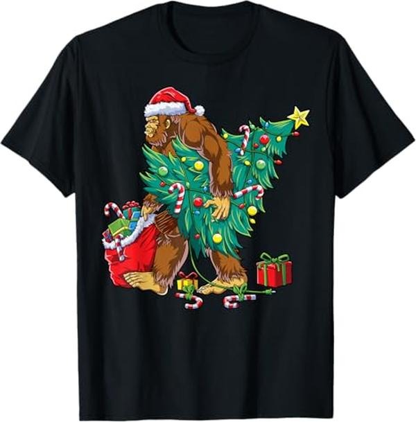 Funny Shirts Bigfoot Tree Lights Xmas Sasquatch Lovers Menswear Top T-Shirts, Hoodie, Sweatshirt